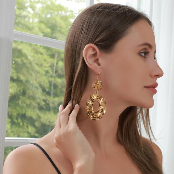 Big Gold Hollow Out Boho Geometric Hook Statement Gold Hoop Dangle Earrings - Picture 6 of 8